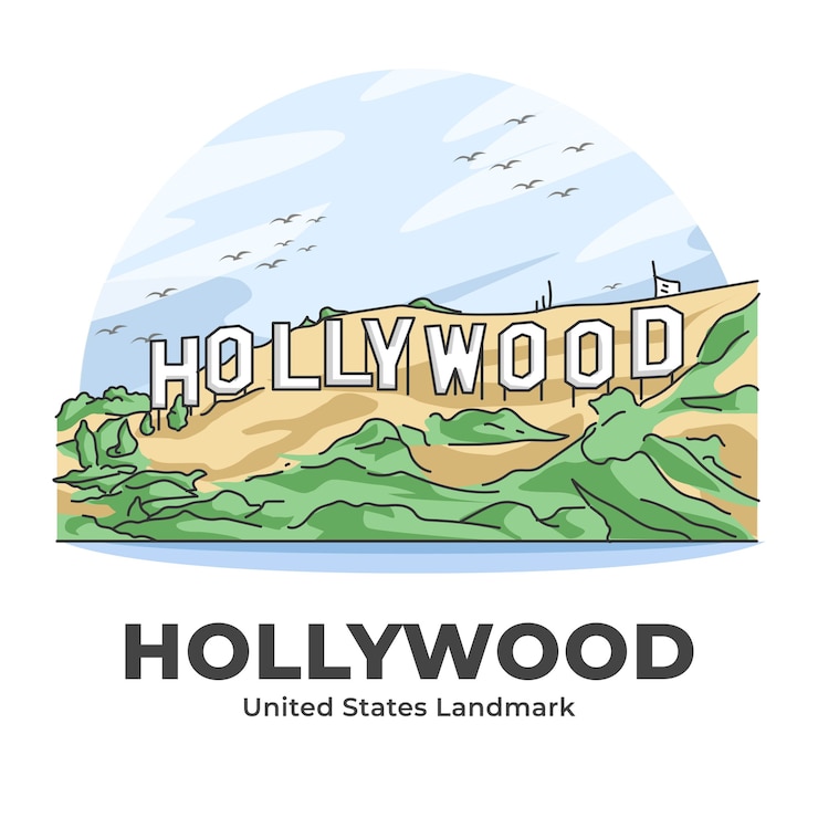 Vector hollywood, verenigde staten landmark minimalist cartoon illustration