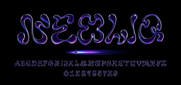 Holografisch 3D-lettertype in vloeibare stijl met neonglans in retrofuturistisch Y2K-ontwerp