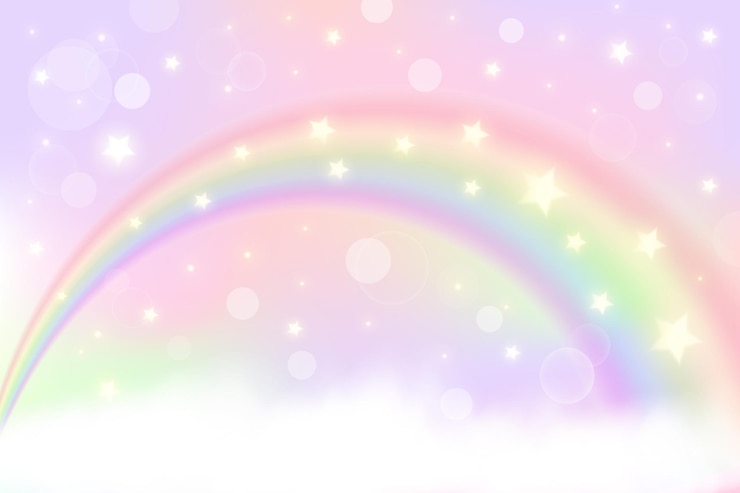 Vector holografische fantasie regenboog eenhoorn achtergrond met wolken pastel kleur hemel magisch landschap