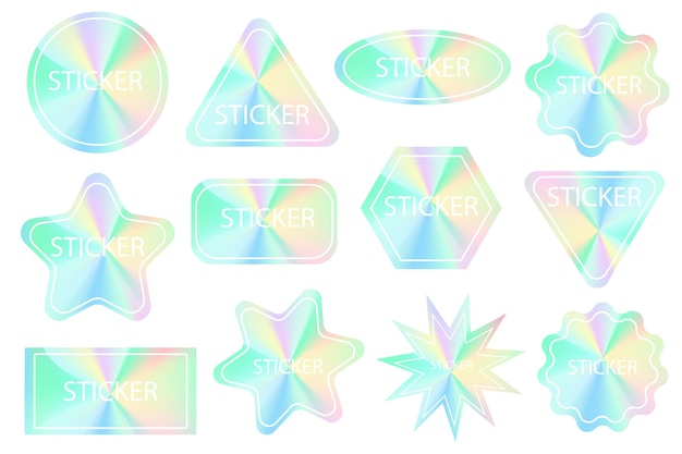 Vector holografische kwaliteit stickers set. hologramlabels met geometrische vormen, garantiebadges. rainbow certificaat zegels. vector modern trendontwerp