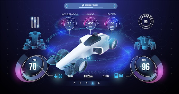 Hologram auto in stile interfaccia utente hud cruscotto digitale intelligente con impostazioni di controllo e auto illustrazione di auto intelligente