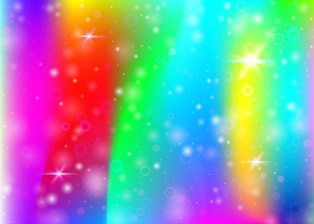 Vector hologram background with rainbow mesh colorful universe banner in princess colors fantasy gradient backdrop hologram magic background with fairy sparkles stars and blurs