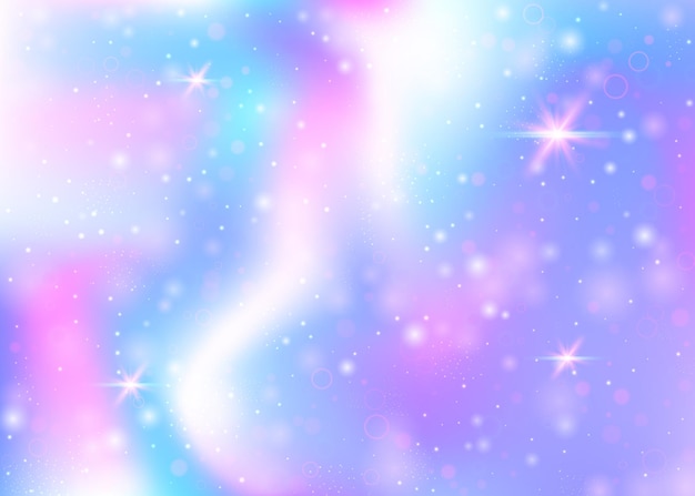 Hologram background with rainbow mesh Cute universe banner in princess colors Fantasy gradient backdrop Hologram unicorn background with fairy sparkles stars and blurs