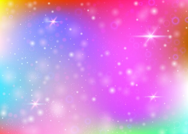 Hologram background with rainbow mesh. Trendy universe banner in princess colors. Fantasy gradient backdrop. Hologram unicorn background with fairy sparkles, stars and blurs.