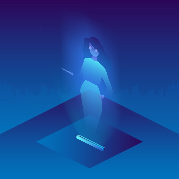 a hologram of a girl with glasses. futuristic silhouette of a girl in neon light. isometric style. vector.