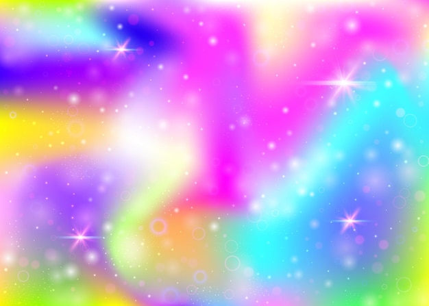 Hologramachtergrond met regenboognetwerk. Kleurrijke universumbanner in prinseskleuren. Fantasie verloop achtergrond. Hologram eenhoorn achtergrond met fairy sparkles, sterren en vervaagt.