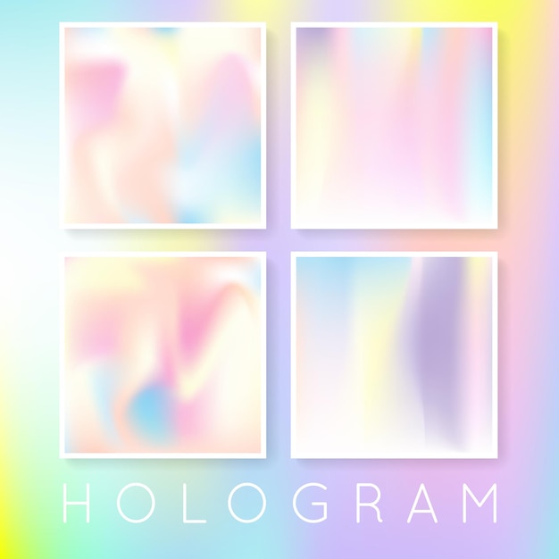 Holographic abstract backgrounds set. minimal holographic backdrop with gradient mesh. 90s, 80s retro style. pearlescent graphic template for brochure, flyer, poster, wallpaper, mobile screen.