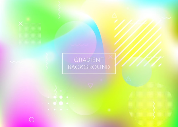 Holographic background with liquid shapes. Dynamic bauhaus gradient with memphis fluid elements. Graphic template for flyer, ui, magazine, poster, banner and app. Stylish holographic background.