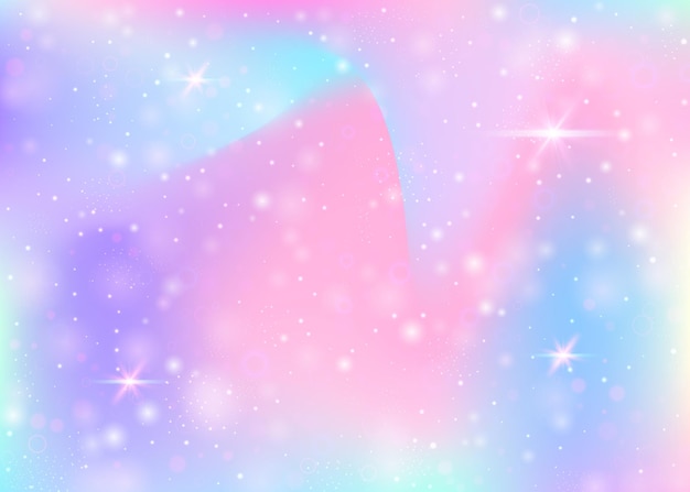 Holographic background with rainbow mesh. Colorful universe banner in princess colors. Fantasy gradient backdrop with hologram. Holographic unicorn background with fairy sparkles, stars and blurs.