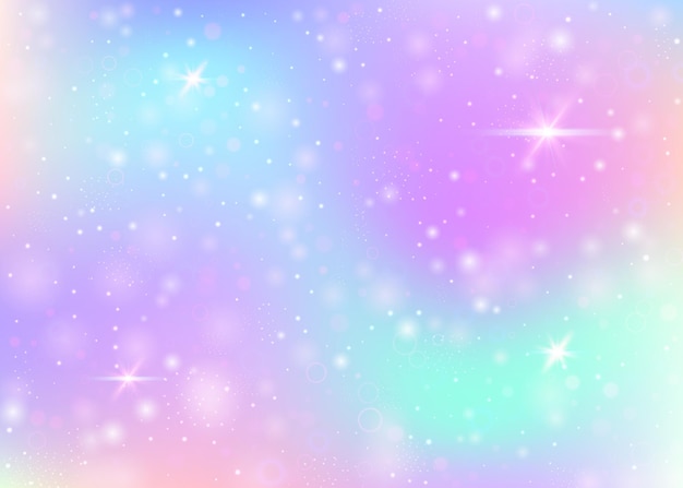 Holographic background with rainbow mesh. mystical universe banner in princess colors. fantasy gradient backdrop with hologram. holographic unicorn background with fairy sparkles, stars and blurs.