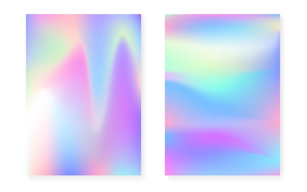 Vector holographic cover set with hologram gradient background. 90s, 80s retro style. pearlescent graphic template for brochure, banner, wallpaper, mobile screen. trendy minimal holographic cover.