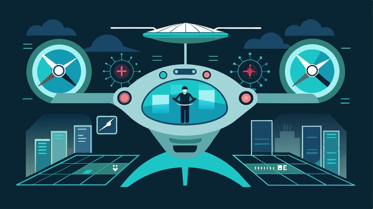 Vector a holographic display shows a concept evtol with advanced features such as autopilot and