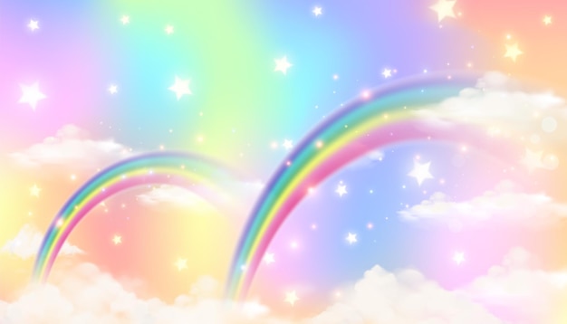 Holographic fantasy rainbow unicorn background with clouds. Pastel color sky. Magical landscape