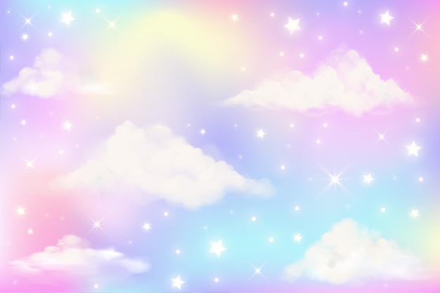 Holographic fantasy rainbow unicorn background with clouds Pastel color sky Magical landscape