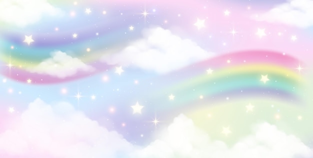 Holographic fantasy rainbow unicorn background with clouds pastel color sky magical landscape