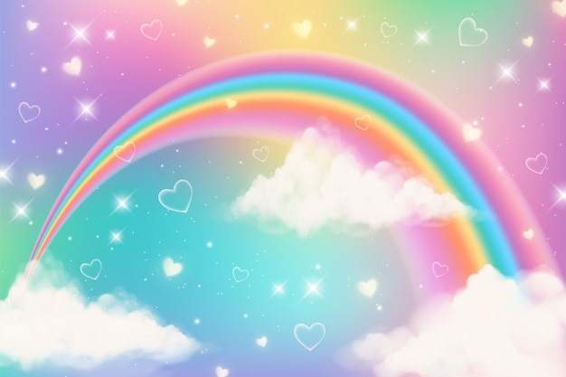 Holographic fantasy rainbow unicorn background with clouds on sky.