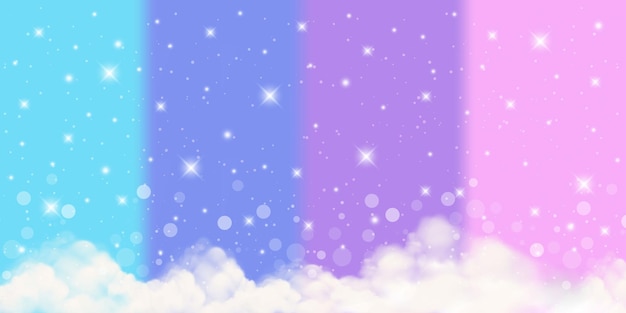Sfondo di unicorno arcobaleno fantasy olografico con nuvole e stelle paesaggio del cielo di colore pastello