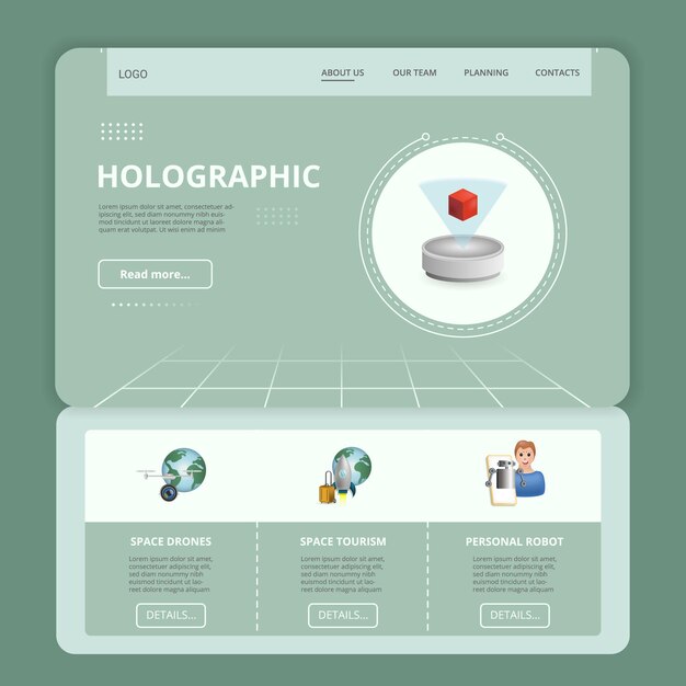 Holographic flat landing page website template space drones