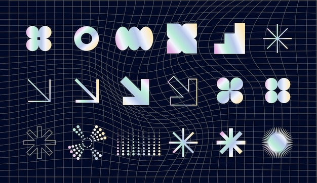 Голографическая наклейка из фольги Голографическая эмблема метки шаблоны с переливающимися геометрическими символами градиента цвета и объектами в стиле 2k
