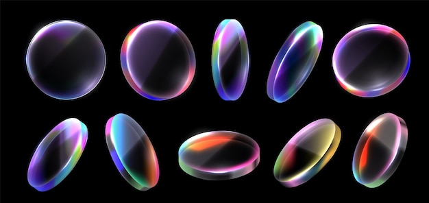 Holographic glass circle Iridescent lens colorful transparent disk and crystal rainbow plate Transparency effect glass circles with gradient light refraction 3D isolated vector set