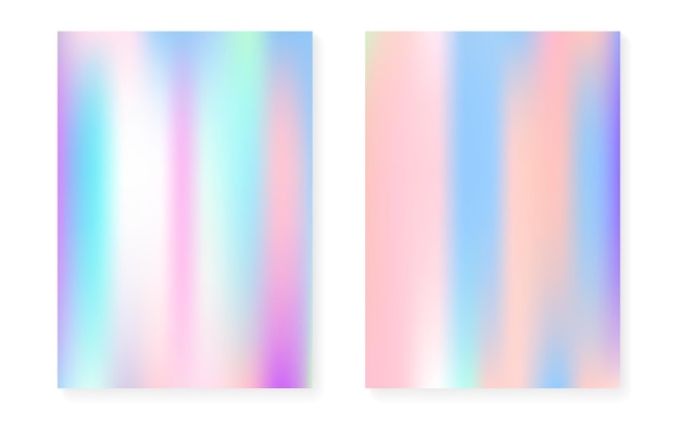 Holographic gradient background set with hologram cover. 90s, 80s retro style. Iridescent graphic template for book, annual, mobile interface, web app. Plastic minimal holographic gradient.