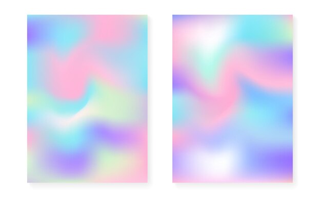 Holographic gradient background set with hologram cover. 90s, 80s retro style. iridescent graphic template for placard, presentation, banner, brochure. plastic minimal holographic gradient.