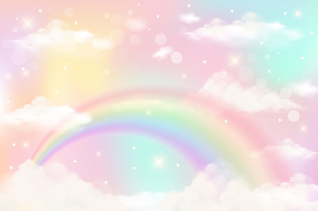 Vector holographic rainbow unicorn background with clouds magical landscape abstract fabulous pattern