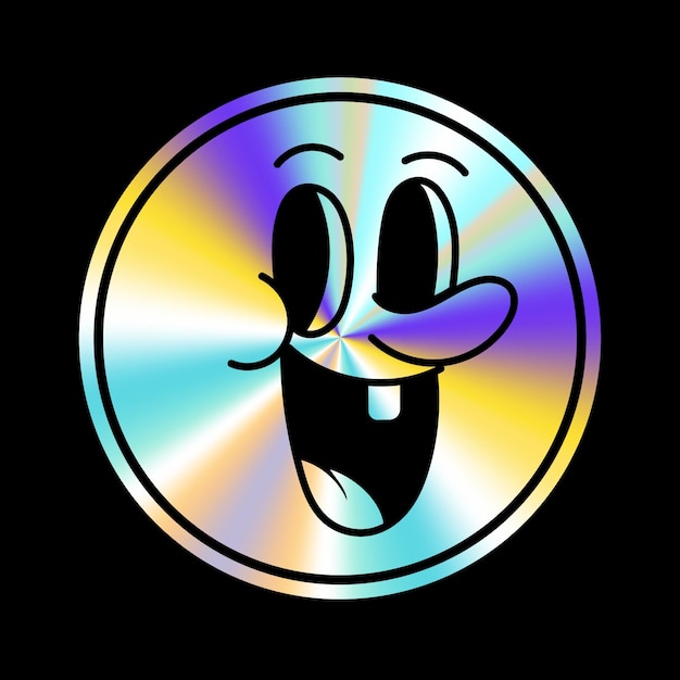 유행의 레트로 y2k 스타일의 만화 얼굴을 가진 홀로그램 스티커