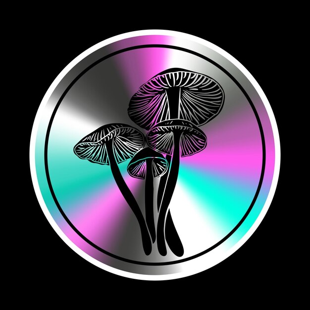 Vector holographic sticker with mushroom in a trendy retro style vector graphic with textured foil effect