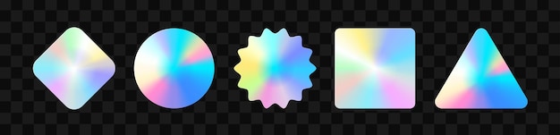 ホログラフィックステッカー。さまざまな形状のホログラムラベル。デザインモックアップのステッカー形状。プレビュータグ、ラベル用のホログラフィックテクスチャステッカー。ベクトルイラスト