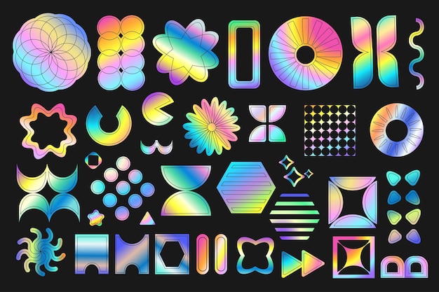 Holographic stickers mega set in graphic flat design Bundle elements of glossy iridescent templates with symbols of different geometric shapes in retro style Vector illustration isolated objects