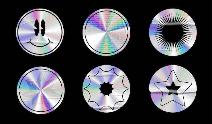 Vector holographic stickers with wrinkles set geometric shapes label with rainbow hologram