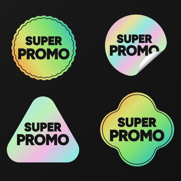 Holographic Super Promo Stamp Sticker vector illustration set