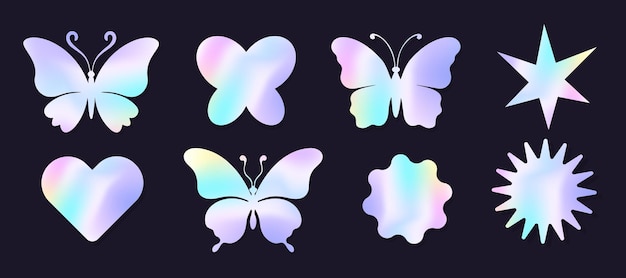 Holographic y2k future metal butterfly badge stamp trendy colored sticker set heart and abstract