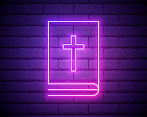 Icona della luce al neon della sacra bibbia segno luminoso illustrazione vettoriale isolata su muro di mattoni backogrund