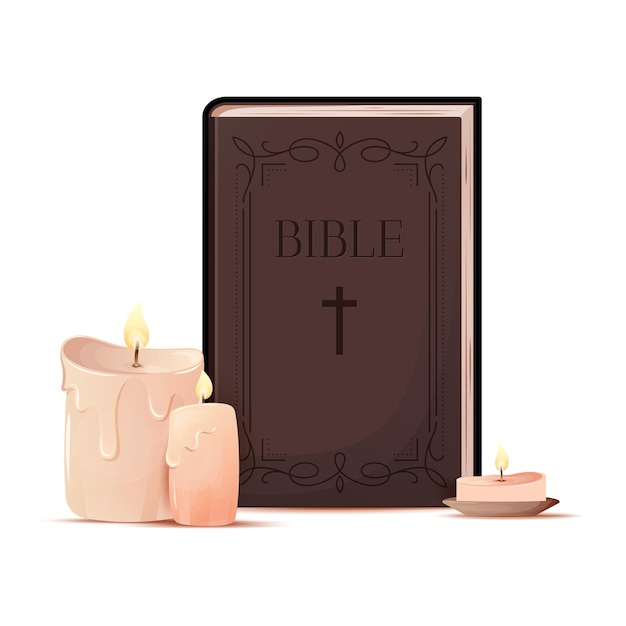 Holy Bible wax candle flame christian old flat set Dark wooden book close cover melting wax drip hot candle stand burns easter dinner memorial prayer faith god jesus christ vintage icon isolated