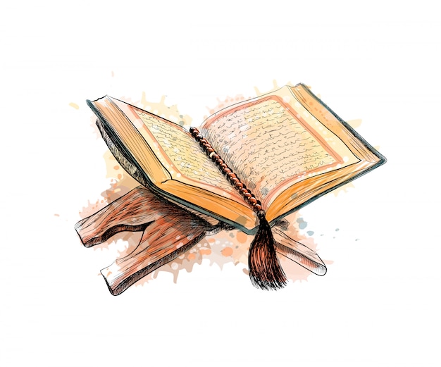 Holy book of Koran with rosary, hand drawn sketch  illustration