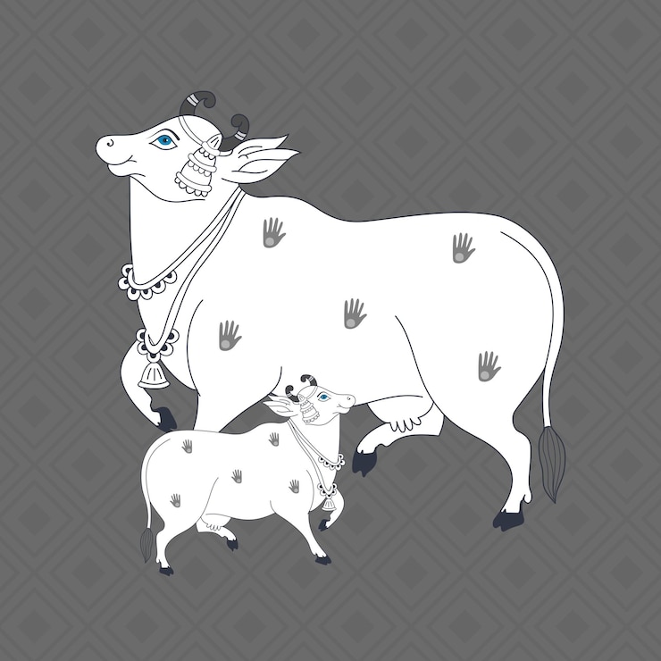 वेक्टर holy cow in kalamkari indian traditional folk art lineart