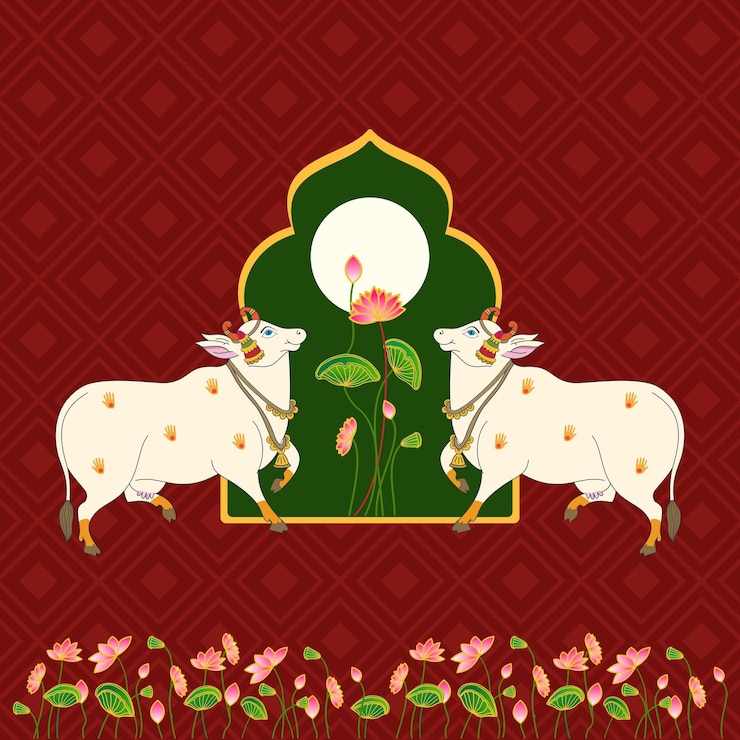 वेक्टर holy cow in kalamkari indian traditional folk art textile and wedding card printing