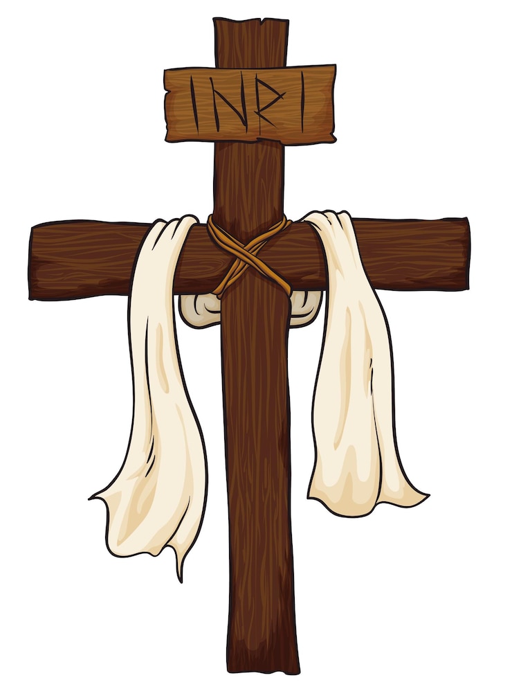 Vector holy cross with a fabric around it and a sign with inri text in white background