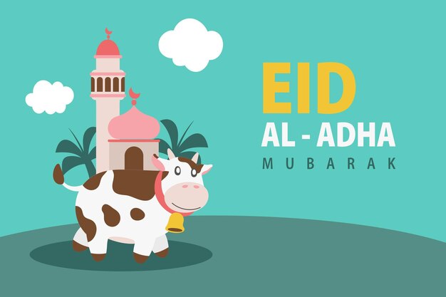 Holy eid al adha mubarak cute banner cartoon doodle volantino di saluto islamico e arabo per la stampa grafica del festival della comunità musulmana vector