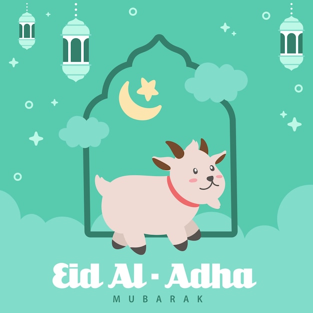 Holy Eid Al Adha Mubarak Cute Banner Cartoon doodle Islamic and Arabic Greeting flyer for Muslim Community Festival graphic print Vector