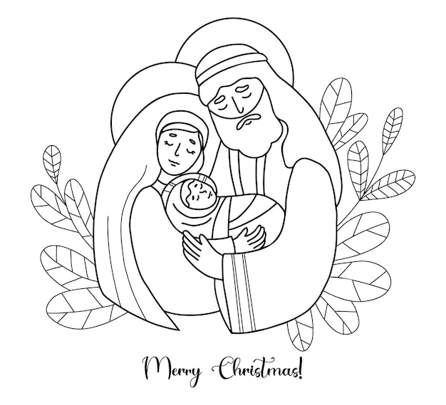 Holy Family Merry Christmas Virgin Mary saint Joseph baby Jesus Birth of Savior Christ hand drawing