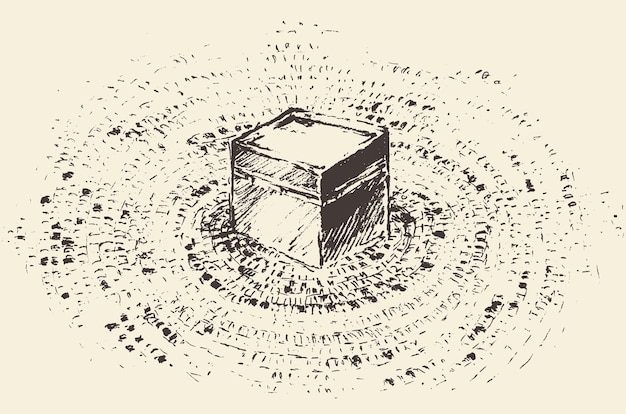 Святая Кааба в Мекке, Саудовская Аравия, с мусульманами, векторная гравировка, ручная работа