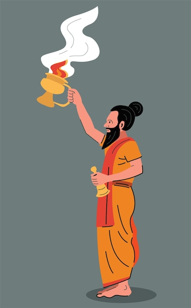 Vector holy man sadhu doing ganga aarti isolated