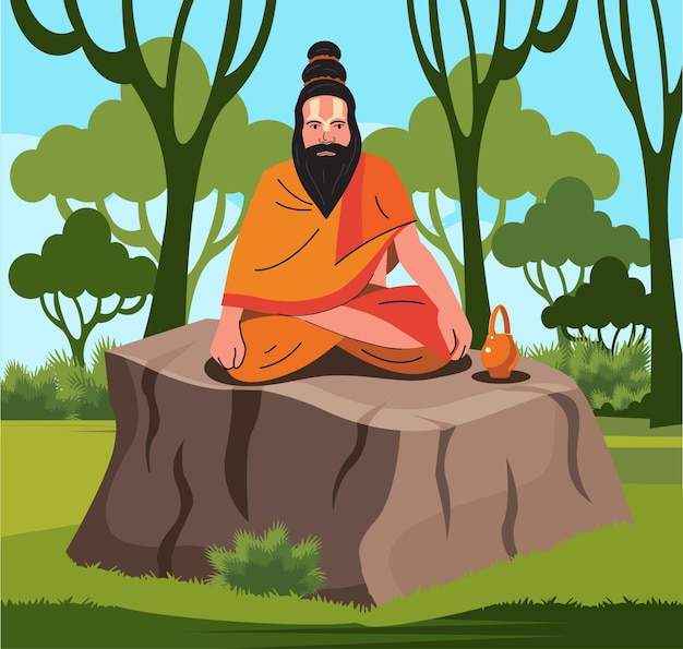 Vector holy man sadhu meditating in jungle