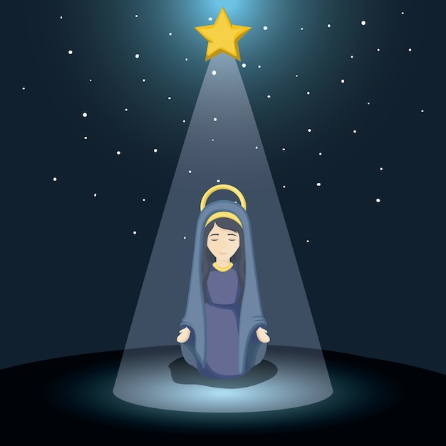 聖マリア漫画のアイコン。聖なる家族とメリークリスマスの季節のテーマ。カラフルなデザイン。ベクトルイラスト