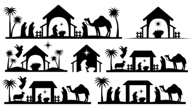 Holy night of birth of child jesus christ silhouette scene from\
religion christianity nativity scene biblical religious history of\
catholics cut for scrapbooking and print vector illustration