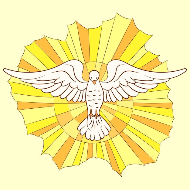Simbolo di pentecoste o cresima dello spirito santo con una colomba e raggi prorompenti di fiamme o fuoco