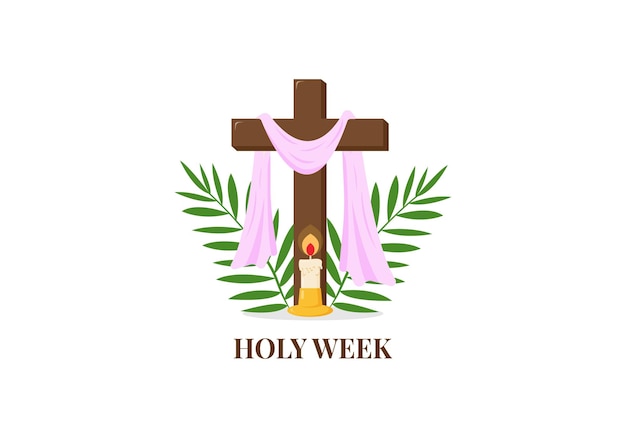 Holy Week before Easter. Candle witn fire and palm branches, cross of Jesus Christ.